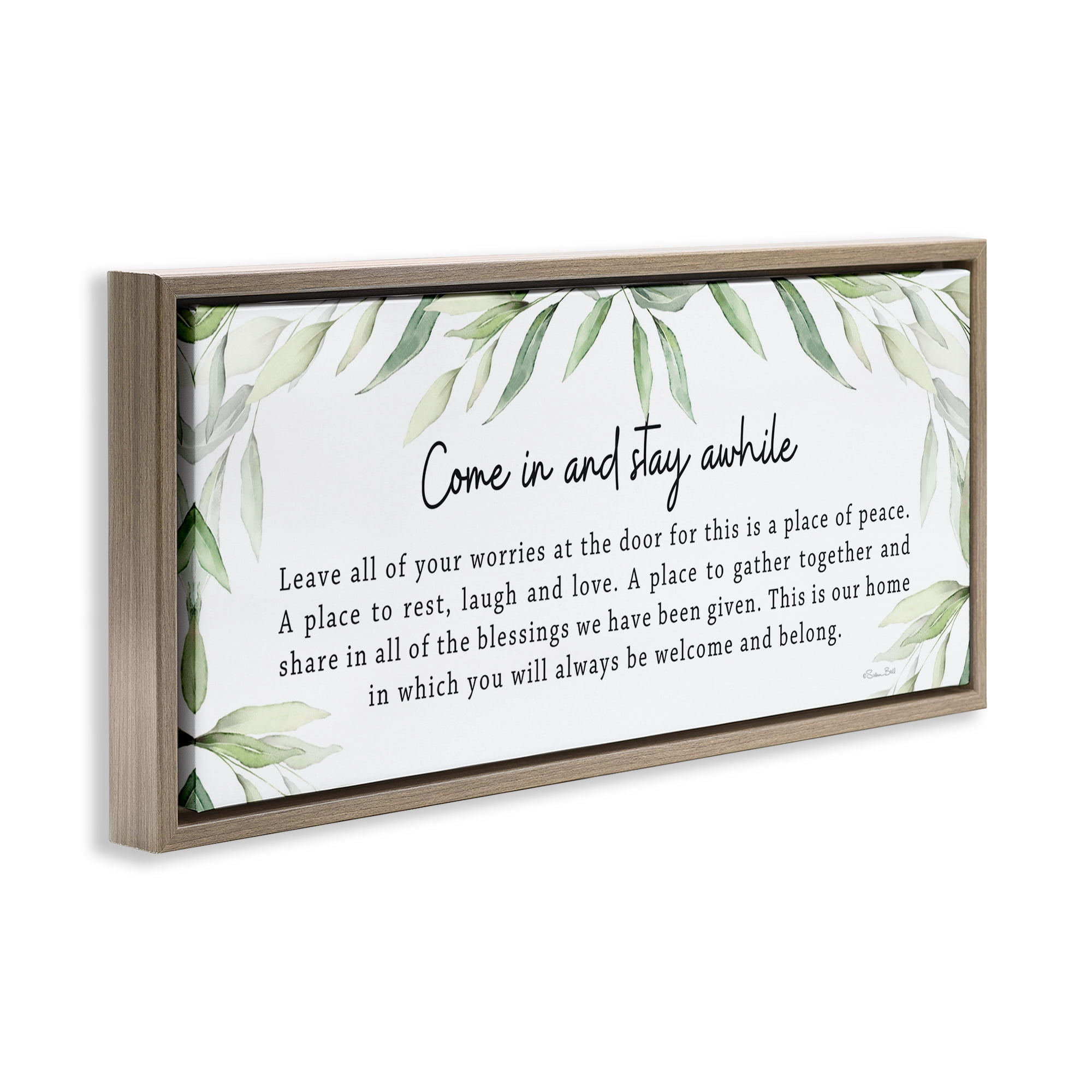 Stupell Industries Welcome & Belong Sentiment Plants & Flowers Painting Brown Floater Framed Canvas Art Print Wall Art, 25 x 11