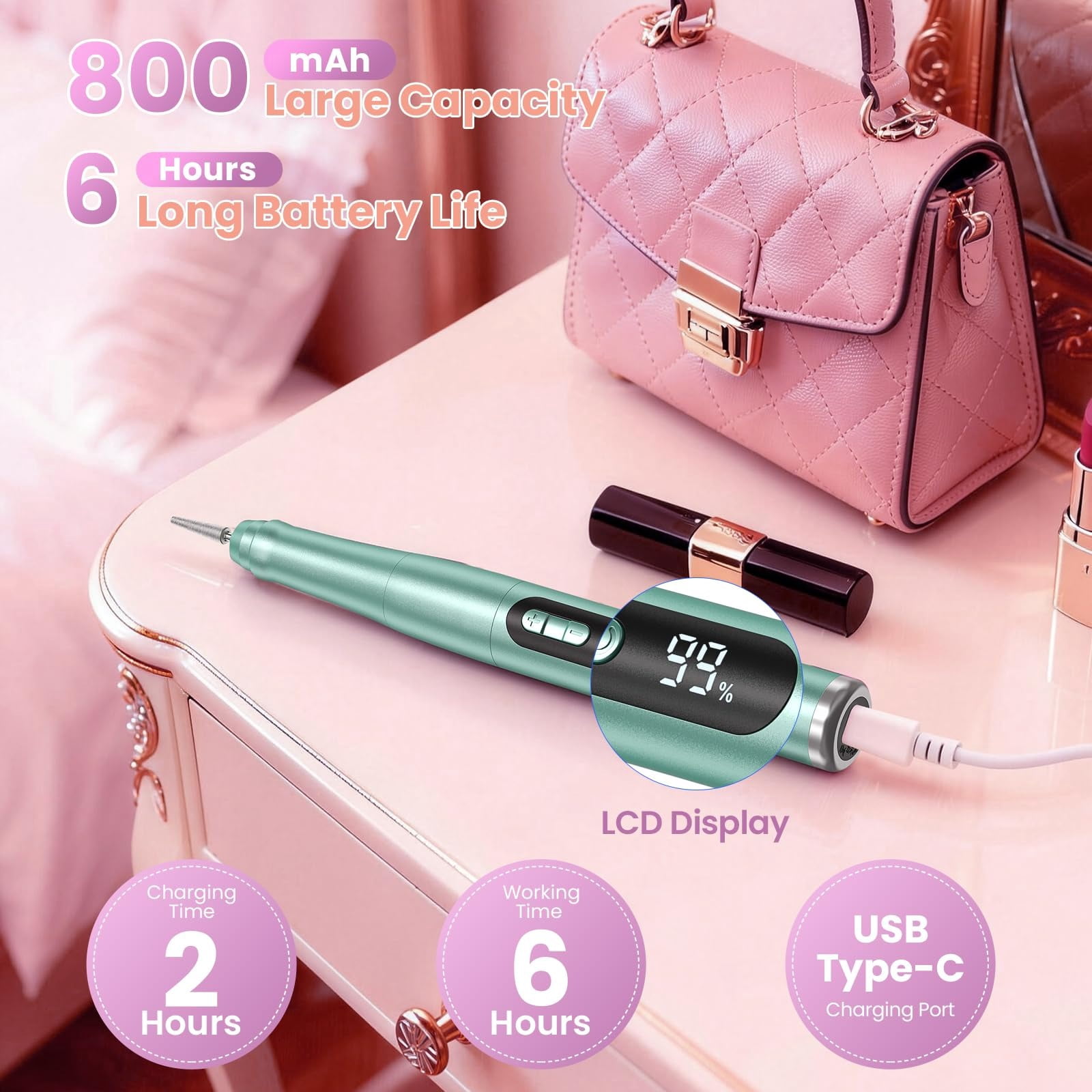 Cordless Nail Drill 35000RPM, LCD Display Low Noise Nail File Kit, Portable Manicure Pedicure Tool for Acrylic/Gel Nails, with 9 Drill Bits & Sanding Bands