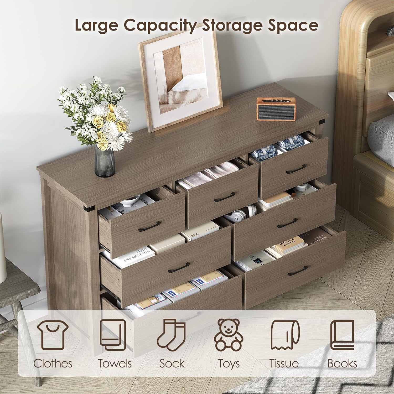 Farmhouse 7 Drawer Dresser for Bedroom, 51" Wide Chest of Drawers, Wooden Dresser TV Stand, Storage Dressers Organizer for Bedroom, Living Room, Hallway, Light Rustic Oak