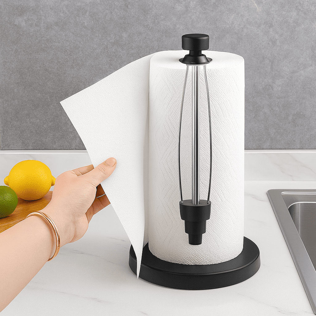 Brushed Stainless Steel Paper Towel Holder – Perfect Tear Technology, One-Handed Operation, Weighted Non-Slip Base, Fits Most Roll Sizes – 7"x17"x13.78" Countertop Dispenser