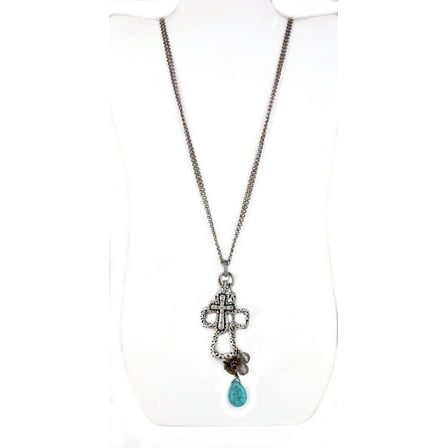 Rhinestone Cross Necklace w/ TQ Blue Stone - NE-ACQN4805