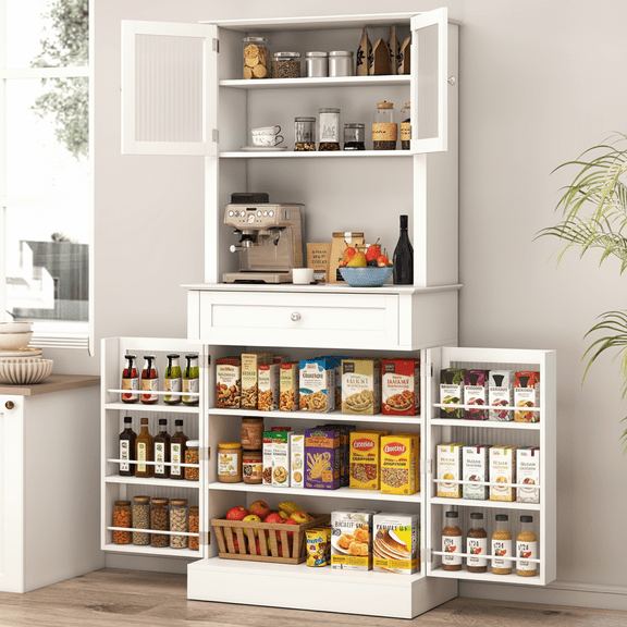 Danpinera Home 70" Tall Kitchen Pantry Cabinet with Hutch & 4 Glass Doors, Microwave Stand with Drawers, White
