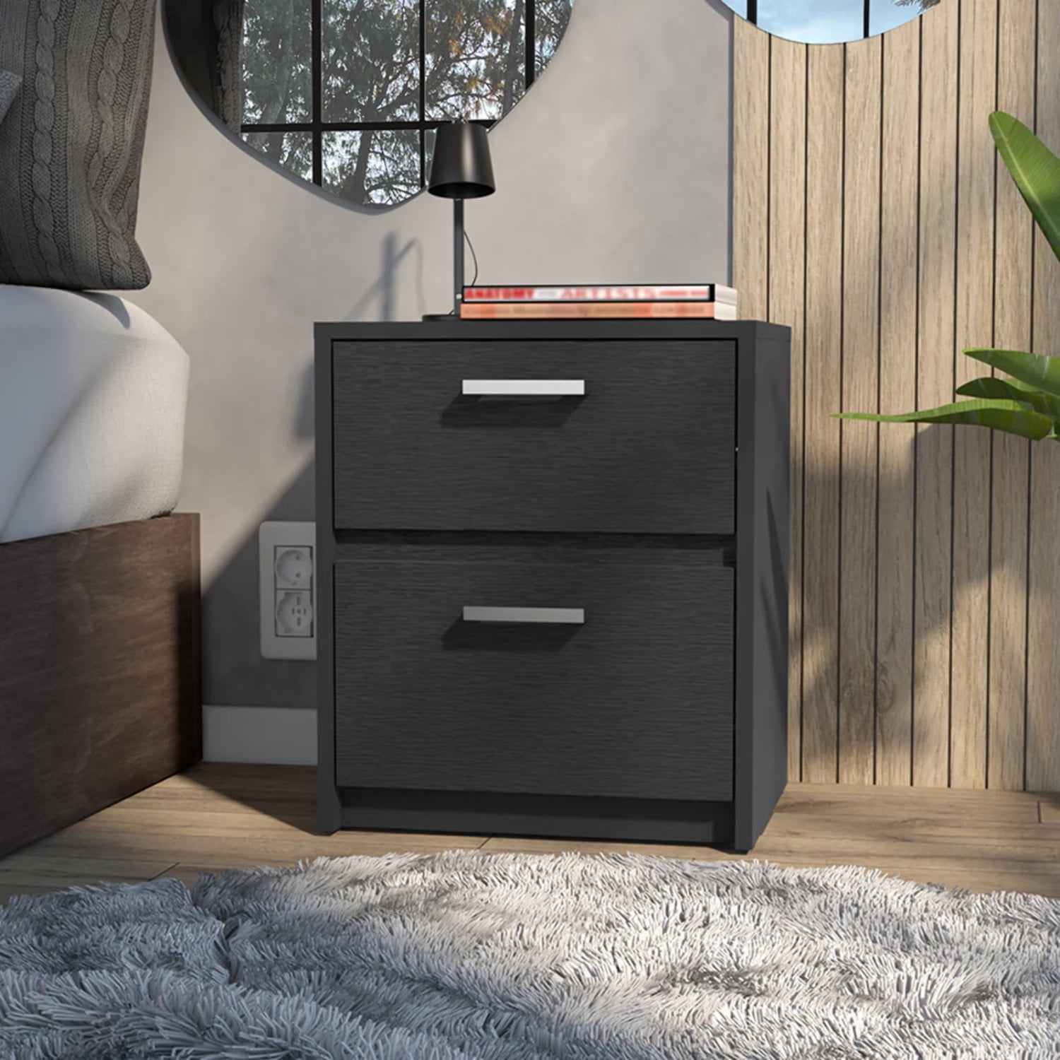 HomeRoots 19 in. Two Drawer Faux Wood Nightstand, Black