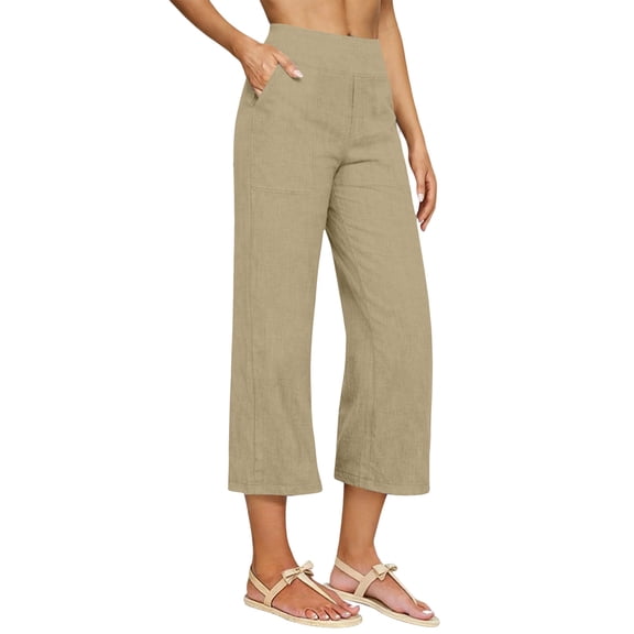 Women's Pants,Capris Pants for Women Cotton Linen Casual Summer Straight Loose Fit Wide Leg Elastic Waist Cropped Trouser