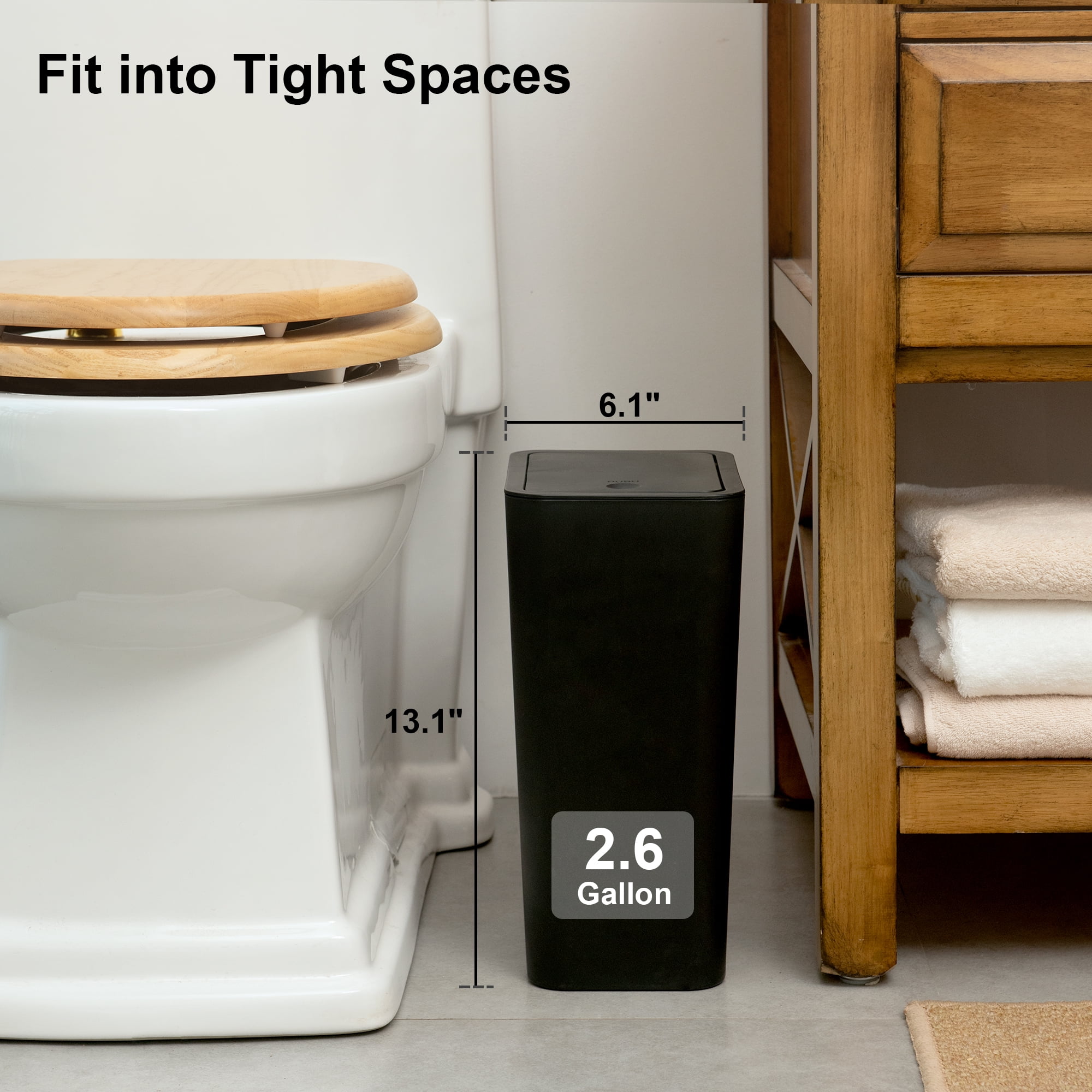 2 Pack Plastic Trash Can with Press Top Lid, 2.6 gal Modern Garbage Can, Small Wastebasket for Bathroom, Black