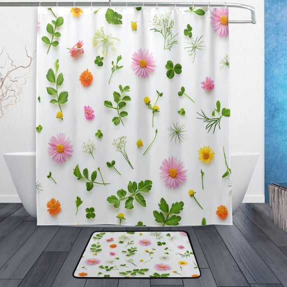 Bath Curtain & Non-Slip Bath Mat Set 12-Grommet Shower Curtain Memory Foam Bath Rug Colorful Flowers and Leaves