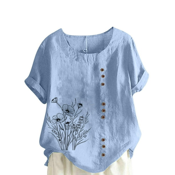 Vestidos Casuales Para Mujer, Blusas De Mujer De Moda Blusa informal de lino con cuello redondo, manga corta y botones para mujer