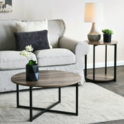 Household Essentials Jamestown Round Coffee Table Ashwood Rustic Wood Grain and Black Metal