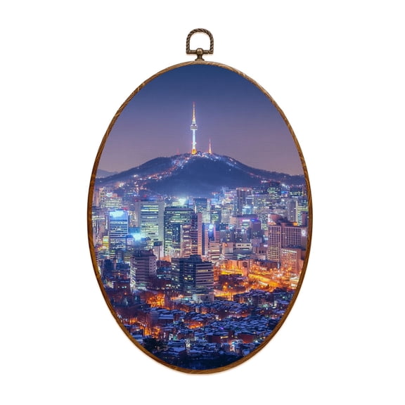 Canvas Wall Art Seoul South Korea Skyline Building Oval Framed Canvas Prints Vintage Wall Hanging Decor for Home Decorations 8.6"x11.4"