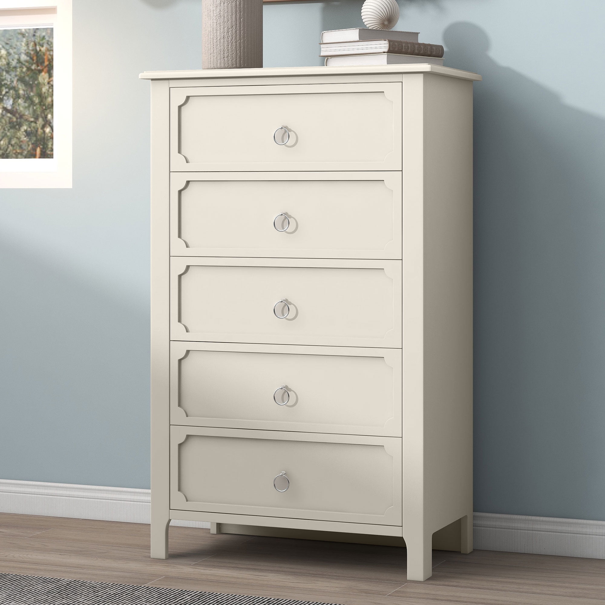 Resenkos Wooden 5 Drawers Chest with Silver Metal Handles for Bedroom Milky White