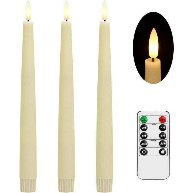 Stmarry LED Flameless Taper Candles with 3D Wick, 9.65 Inch Real Wax with Remote and Timer, 3 Pack Flickering Candlesticks Battery Operated, Classic Tall Taper Candles, Ivory