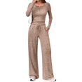 thumbnail image 3 of Women'S 2 Piece Matching Lounge Sets Fall Fashion Outfits Henley Neck Sweater Top Wide Leg Pants Sweat Suits Khaki S, 3 of 9