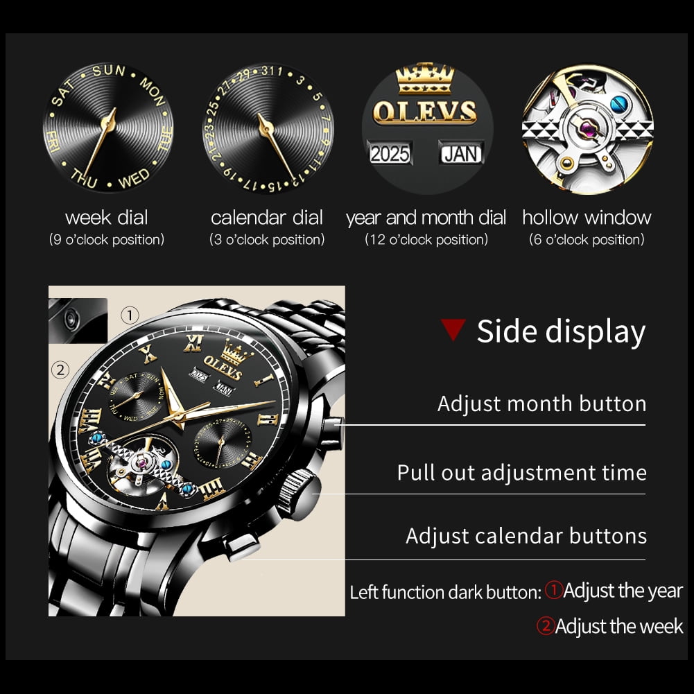 OLEVS Automatic Watches for Mens Self-Winding Mechanical Chronograph Classic Fashion Business Tourbillon Skeleton Stainless Steel Waterproof Luminous Mens Wrist Watches Reloj Para Hombre