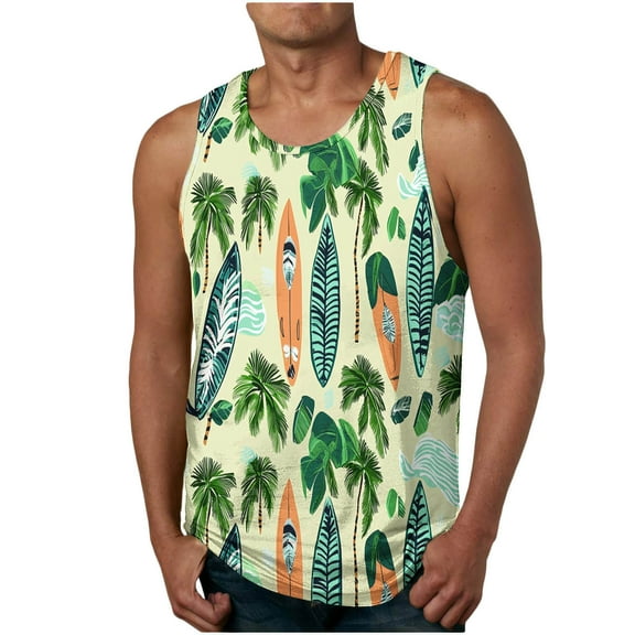 ZCFZJW Mens Beach Tank Tops Summer Sleeveless Tropical Pattern Tees Shirt Loose Regular Fit Graphic Quick Dry Gym Workout Tanks Top Green#01 S