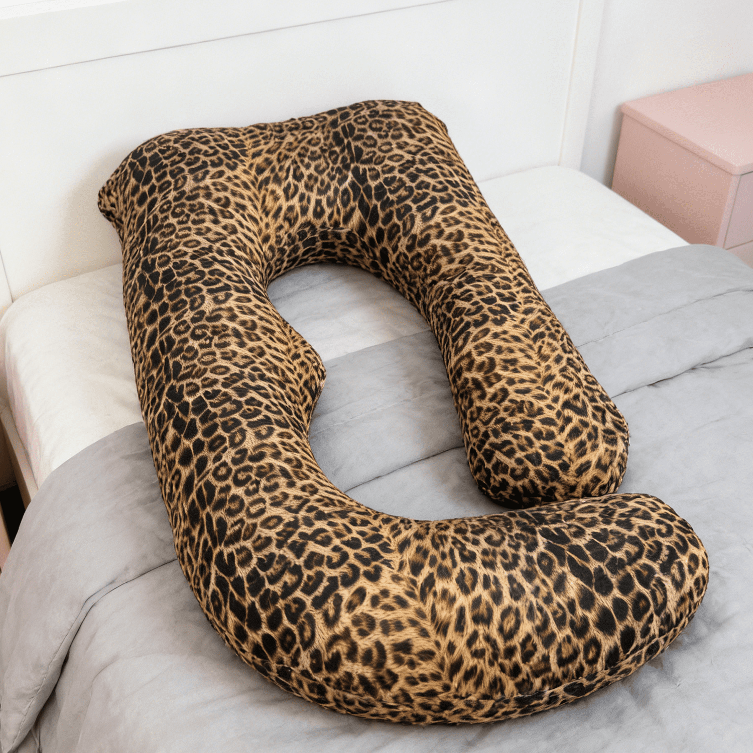 J-Shaped Pregnancy Pillow (65" x 16" x 8") - Full Body Maternity Support Pillow for Back, Hip and Belly Pain Relief, Leopard Print with Heart Pattern