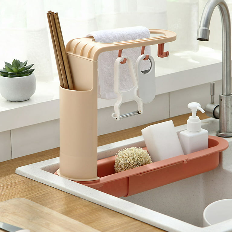 Dolked Telescopic Sink Storage Rack Holder with 4 Hooks, Expandable Sink  Caddy Kitchen Sink Organizer Sponge Holder, Easy to Assemble and Clean 