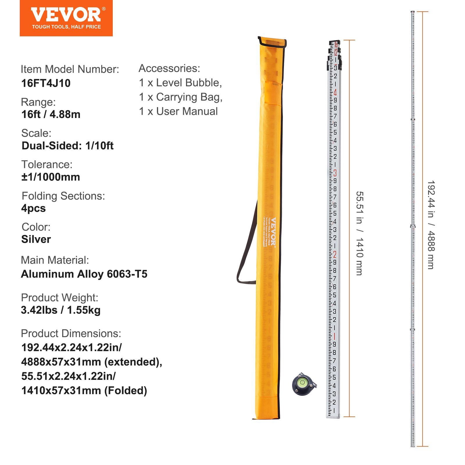 16ft Aluminum Telescopic Leveling Rod, 4-Section Survey Stick w/ Bubble Level & Carrying Case - Double-Sided 1/10ft Scale for Floor/Wall