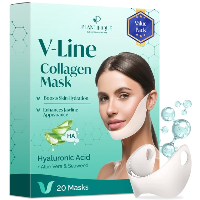 Mascarilla FACIAL PLANTIFIQUE V-Line Collagen con correa para la barbilla, 20 unidades