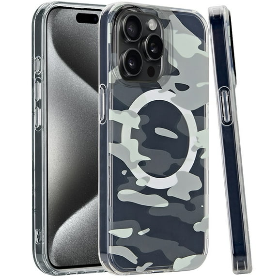 For Apple iPhone 15 Pro Max (6.7") Floral Pattern Design Cute Clear Hybrid Compatible with Magsafe Double Layer Soft TPU Hard PC Cover ,Xpm Phone Case [ Green Camo ]