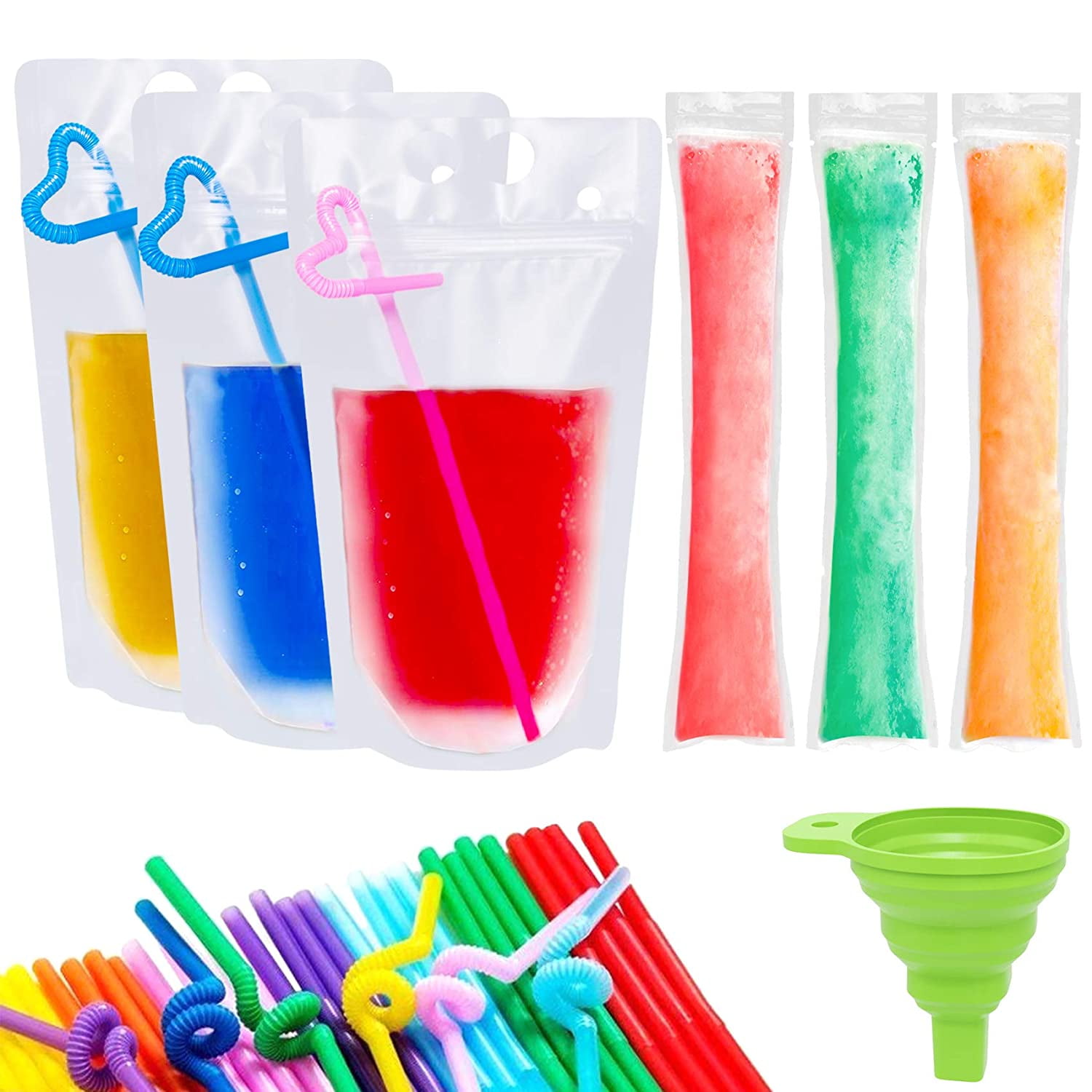100 Pcs Stand-Up Plastic Drink Pouches Bags with 100 Drink Straws Zipper Clear 