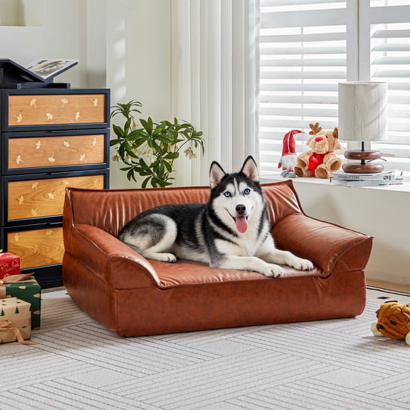 ATJafurn Leather Dog Bed Couch for Large Dogs up to 70 lbs, Furniture Style Orthopedic Elevated Pet Sofa Bed with Removable & Washable Cover, Brown