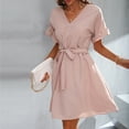 thumbnail image 4 of Sundresses for Women Casual Summer - Work Dresses for Women Casual V Neck Summer Dress Solid Color Ruffled Short Sleeve Wrap V Neck Swing Dress with Belt, 4 of 7