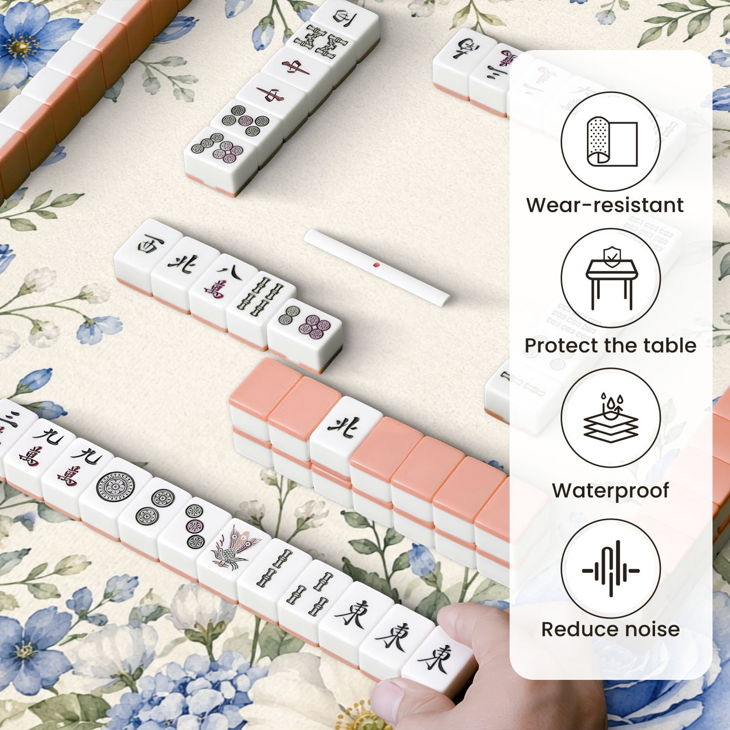 Mahjong Mat 31.5" x 31.5" Blue White Floral Watercolor Frame Roses Hydrangeas Anemones Non-Slip Noise Reduction Mahjong Tiles Table Cover for Dominoes Poker Card Board and Tile Games