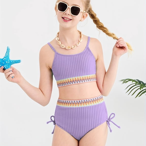 Zylarhe Girls Swimsuit, Girls Swimwear for Girls 9-16 Years Old Two Piece High Waist Bikini Set with Chest Pad Color Block Bathing Suit for Beach Pool Summer Wear 9-10 years Purple