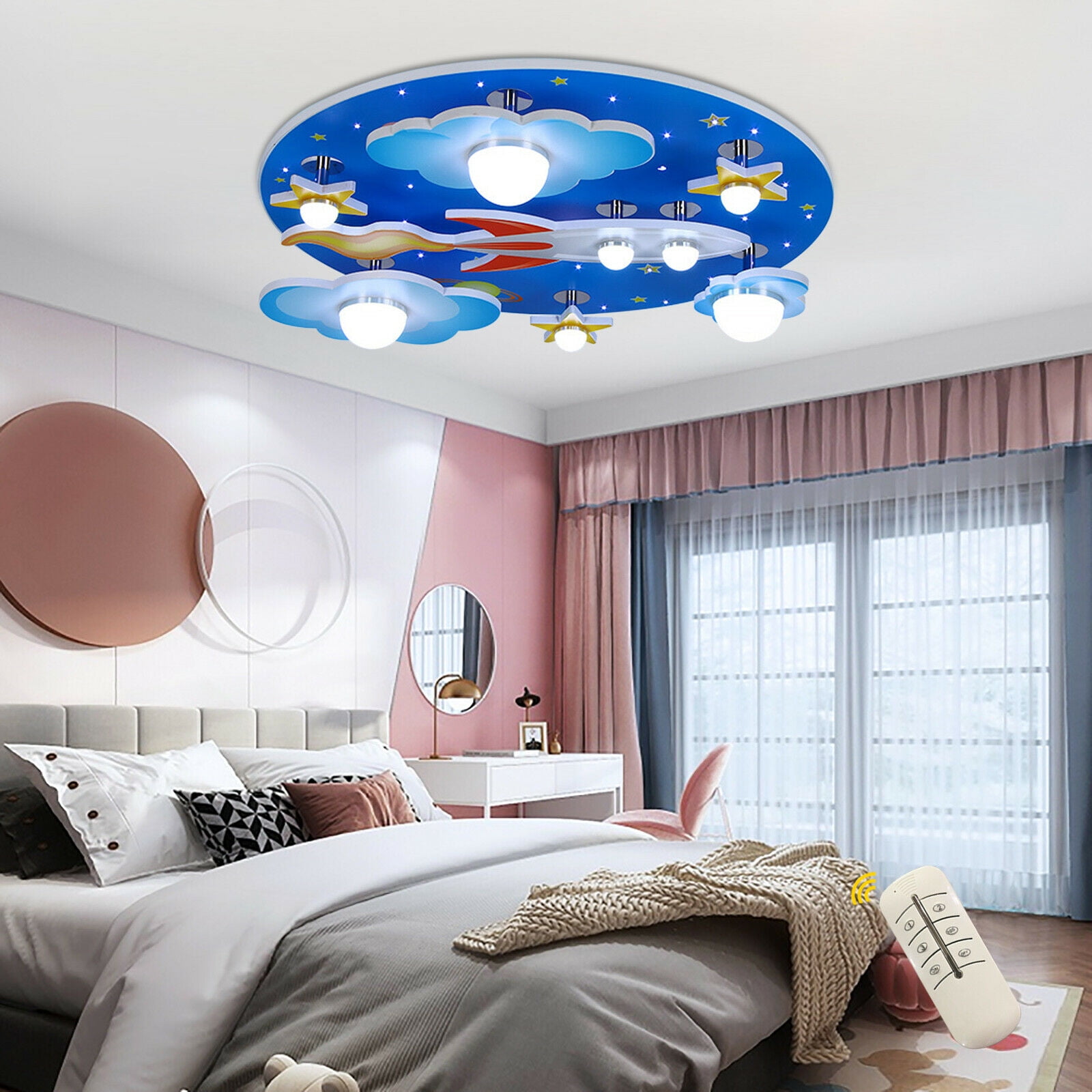 Wuzstar Modern Cartoon Rocket Ceiling Light Cloud Star Close to Ceiling Light Fixture LED Flush Mount Light for Childrens Room