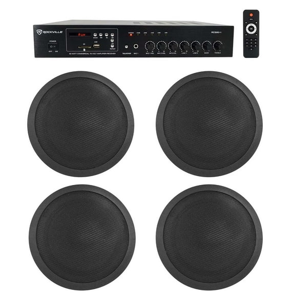 Rockville Commercial 70v Amp (4) Black 5" Ceiling Speakers 4 Restaurant/Bar/Cafe
