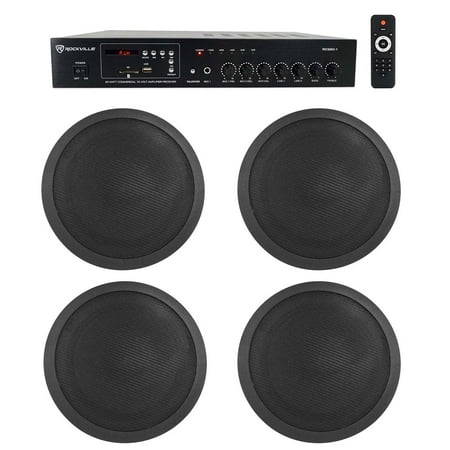 Rockville Commercial 70v Amp+(4) Black 5 Ceiling Speakers 4 Restaurant/Bar/Cafe