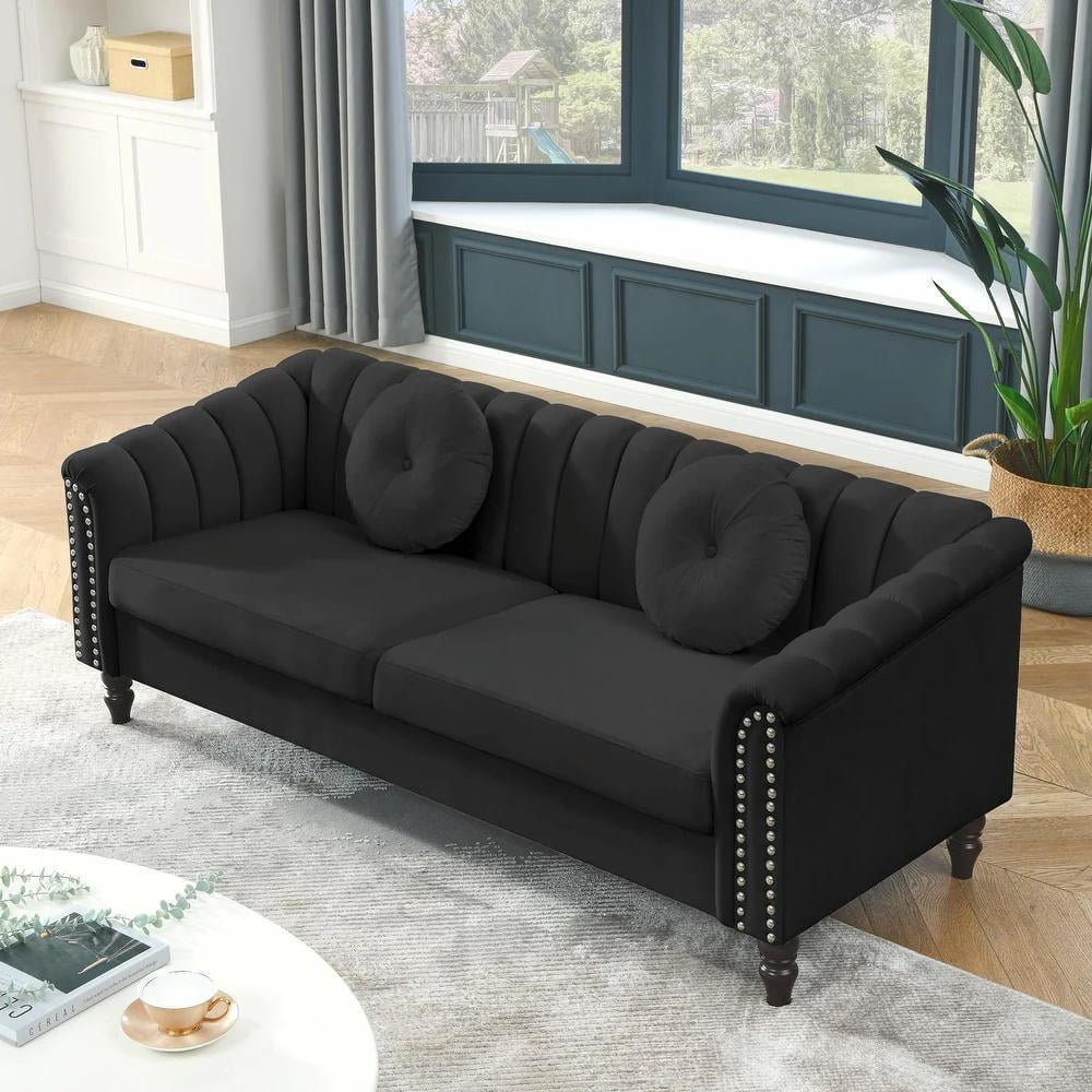 Gewnee Chesterfield Velvet Sofa Couch with Nailhead Trim and 2 Pillows for Living Room,Black