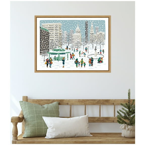 Kate and Laurel Framed Canvas Wall Art Print 'Union Square in Snow' by Bex Morley Design, 24 x 18 Sylvie Natural Frame, Whimsical, Cityscape Art for Wall Decor