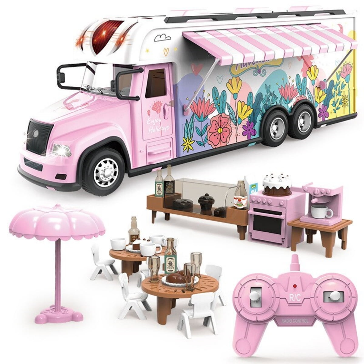 Remote Control Car Pink with Dollhouse Accessories,2.4Ghz RC Dining Car with Sound & Light,House