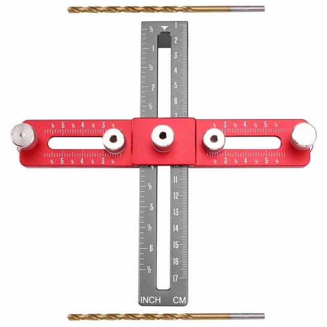 Posicionador Perforación Manijas, Herramienta Corte Orificios para Carpintería, Herramienta Instalación Manijas Puertas Gabinetes y Cajones, Color Rojo y Gris