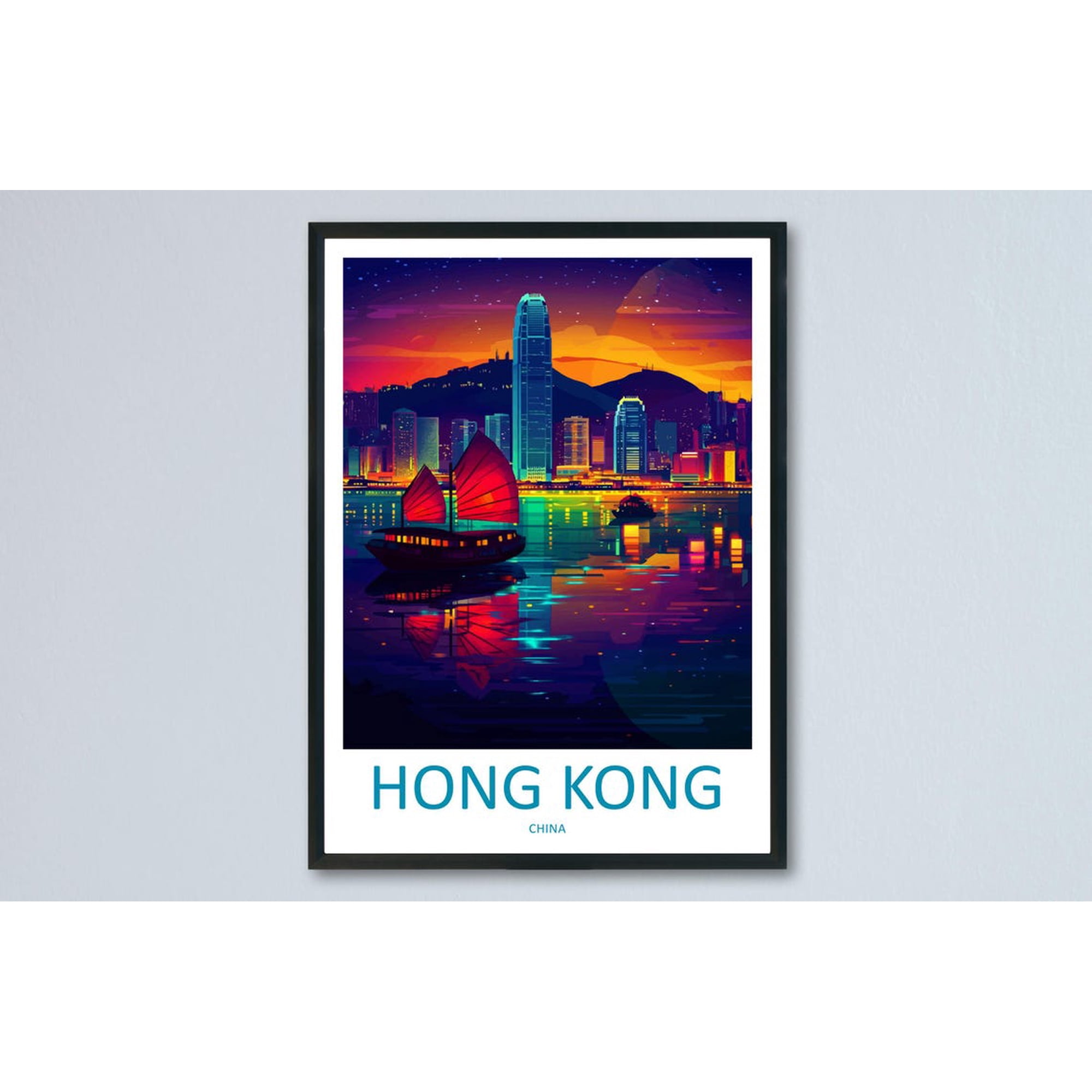 Hong Kong Travel Print Asia Wall Art City Skyline Poster Urban Decor Gift for City Lover Victoria Harbour Nightscape Art Print, Poster Only