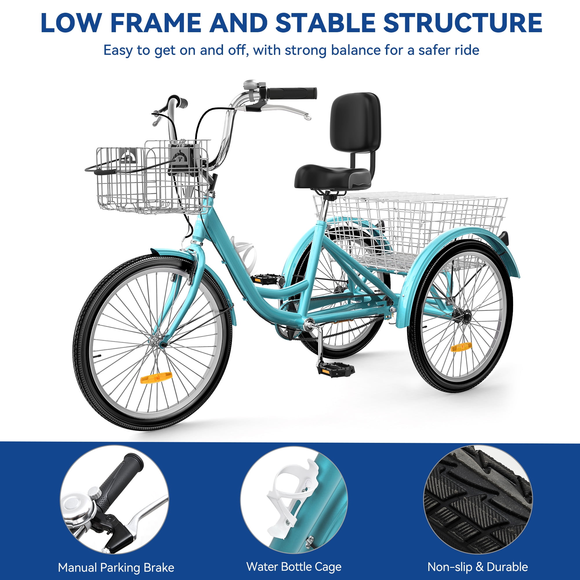 Uforic Adult Tricycle, 24 & 26 Inch Single-Speed 3-Wheel Bike with Removable Baskets, Ideal for Seniors, Shopping, and Outdoor Activities