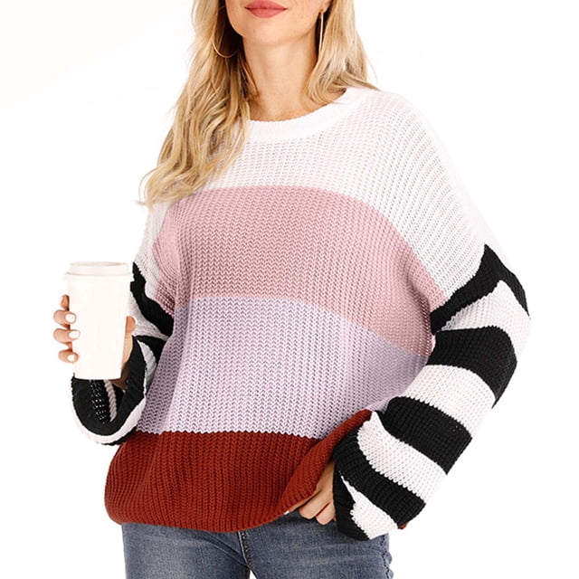 Qertyioot Pulls Tricotés pour les Femmes, Mode Femmes Manches Longues Col Rond Couleur Assortie Tops Lâches Pull Blouse