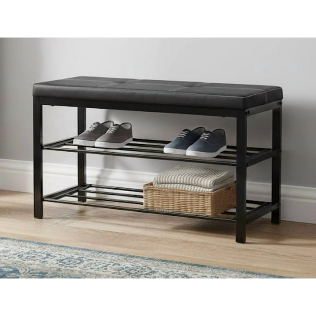 Nola Home 2-Tier Shor Rack Bench with Padded Seta, Entryway Shoe Organizer for 6 Pairs, Metal Frame, Compact Storage for Hallway, Closet, Mudroom, Black