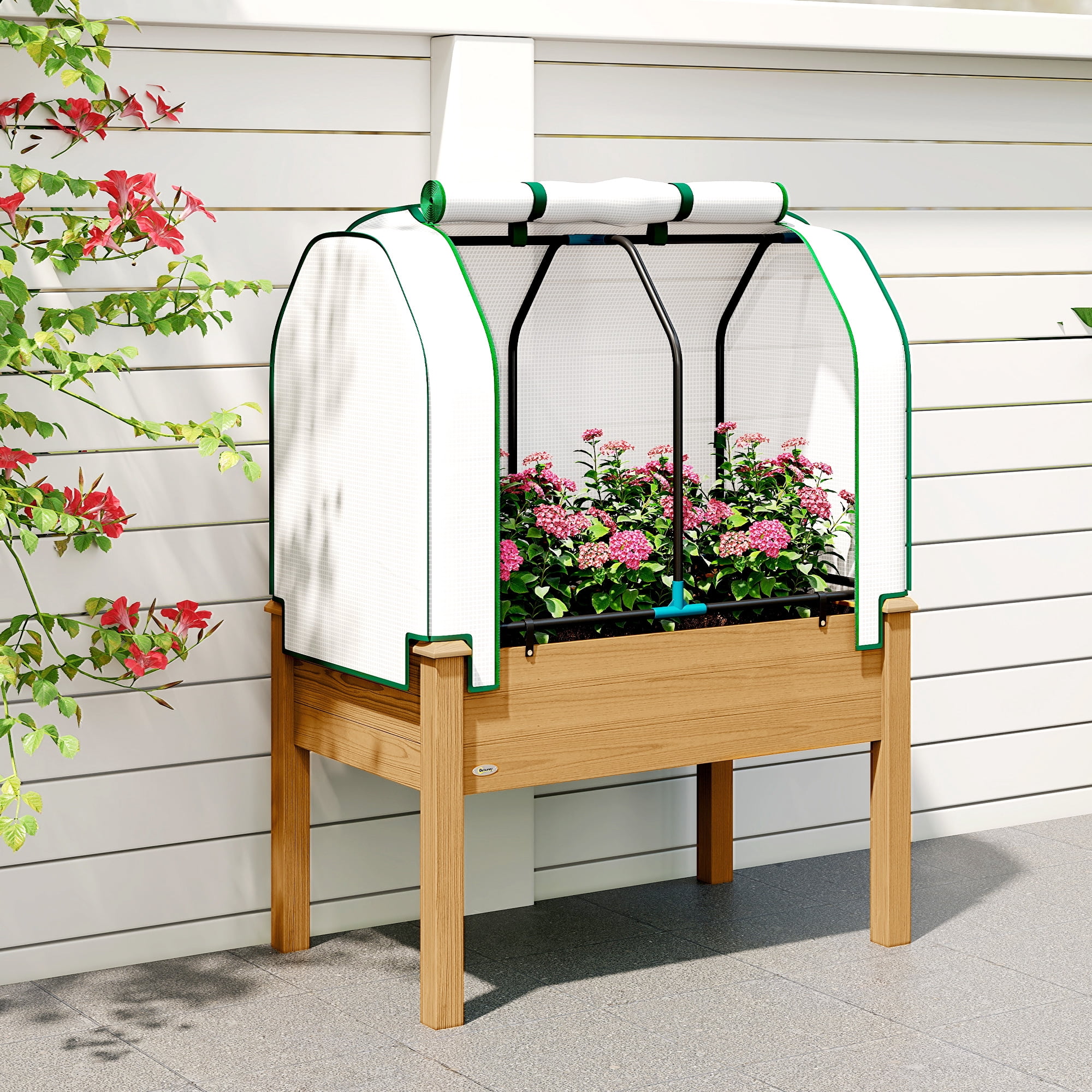 Outsunny Raised Garden Bed with PE Greenhouse Cover Outdoor Elevated Wood Planter Box for Herbs, Vegetables, for Patio, Backyard, Balcony, Sand