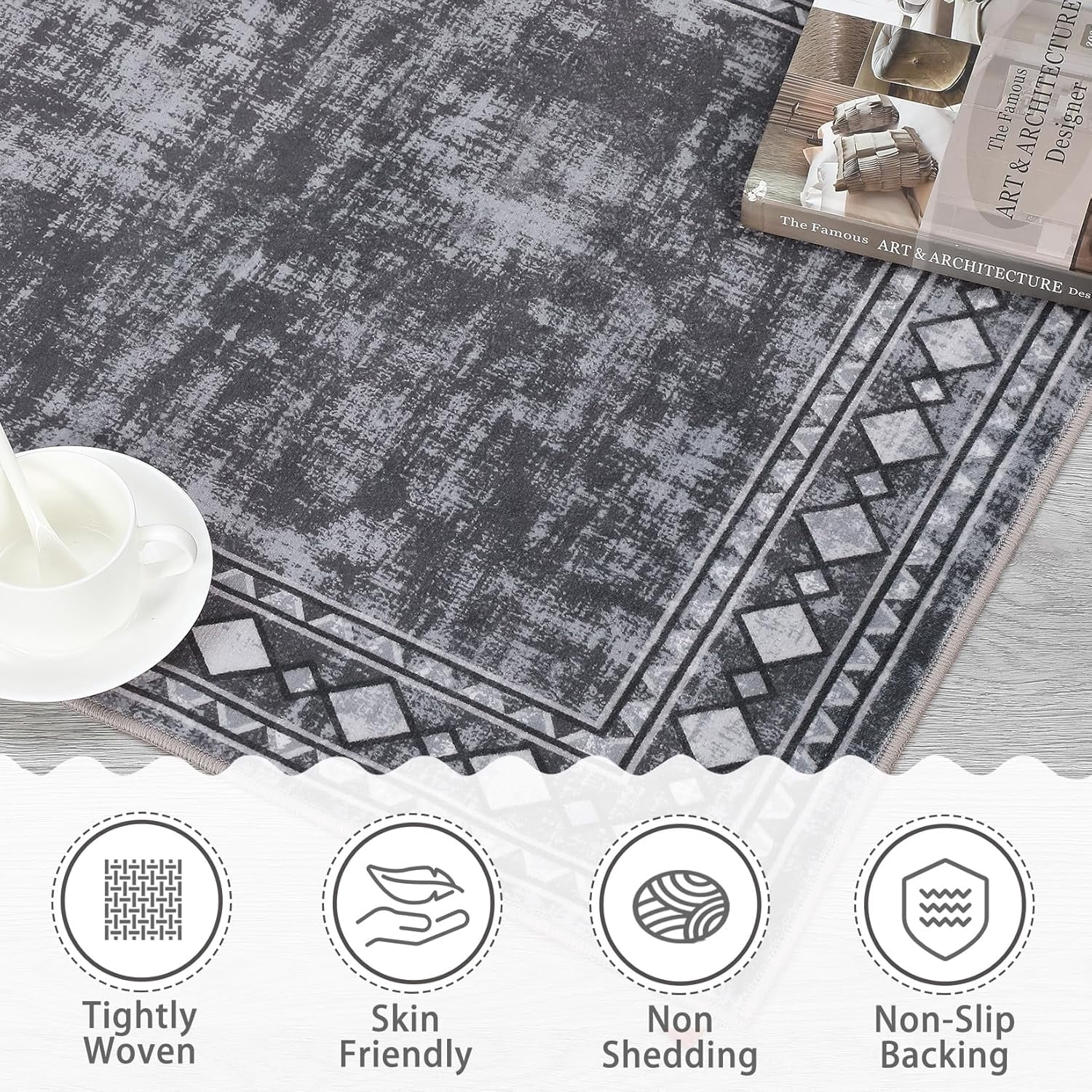 Shininglove Modern Bordered Area Rugs 5x7ft for Living Room, Machine Washable Low Pile Carpet with TPR Non-Slip Backing for Home Office(Grey)