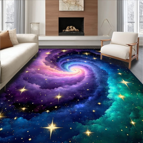 ODIKA 4'x6' Machine Washable Non-Slip Area Rug, Celestial Galaxy Abstract Modern Pile High Traffic Rug, Purple, 75066
