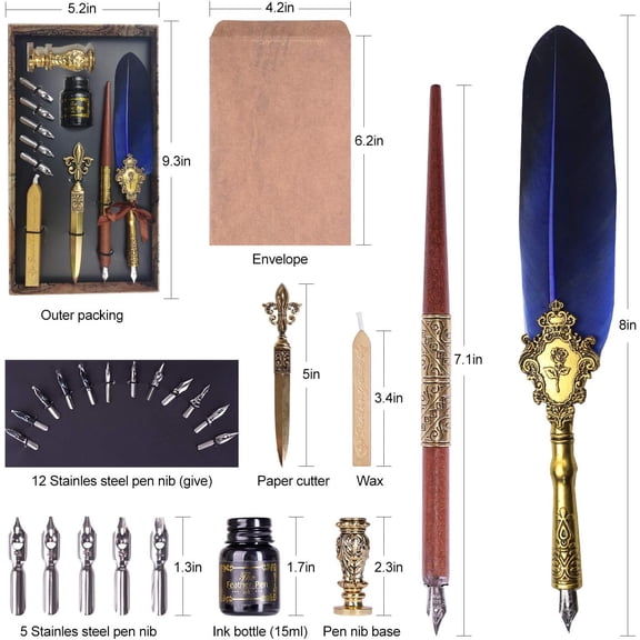 TRH-Quill Pen Ink Set,Feather Calligraphy Pen Ink Set with 17 Replacement Nib, Fountain Dip Pen Stationery Gift Calligraphy Set for Beginners. (Blue)