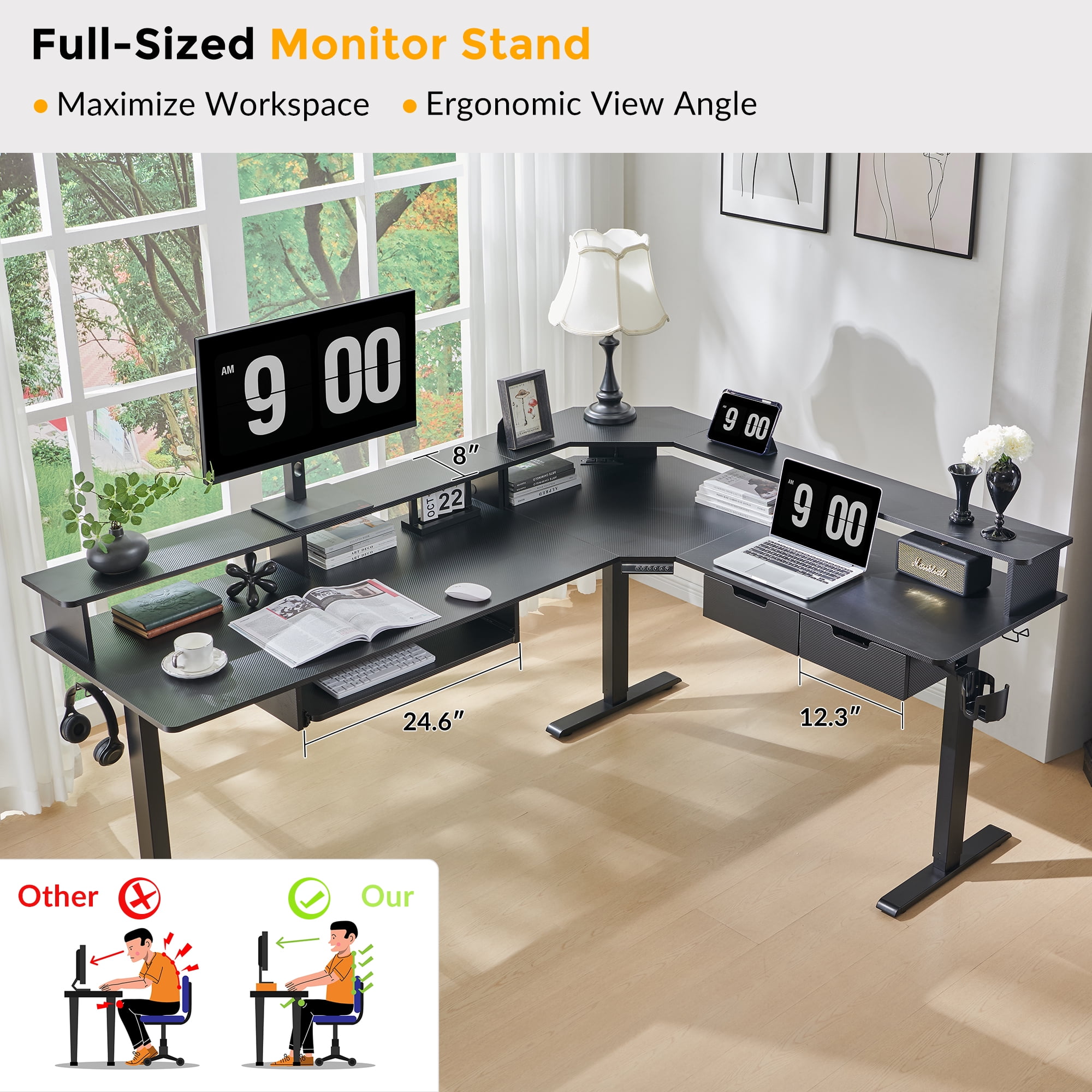 KeyWhat 70" L Shaped Standing Desk, Electric Height Adjustable Computer Desk with Shelves & Keyboard Tray & LED Strip & Power Outlets, Carbon Fiber Black