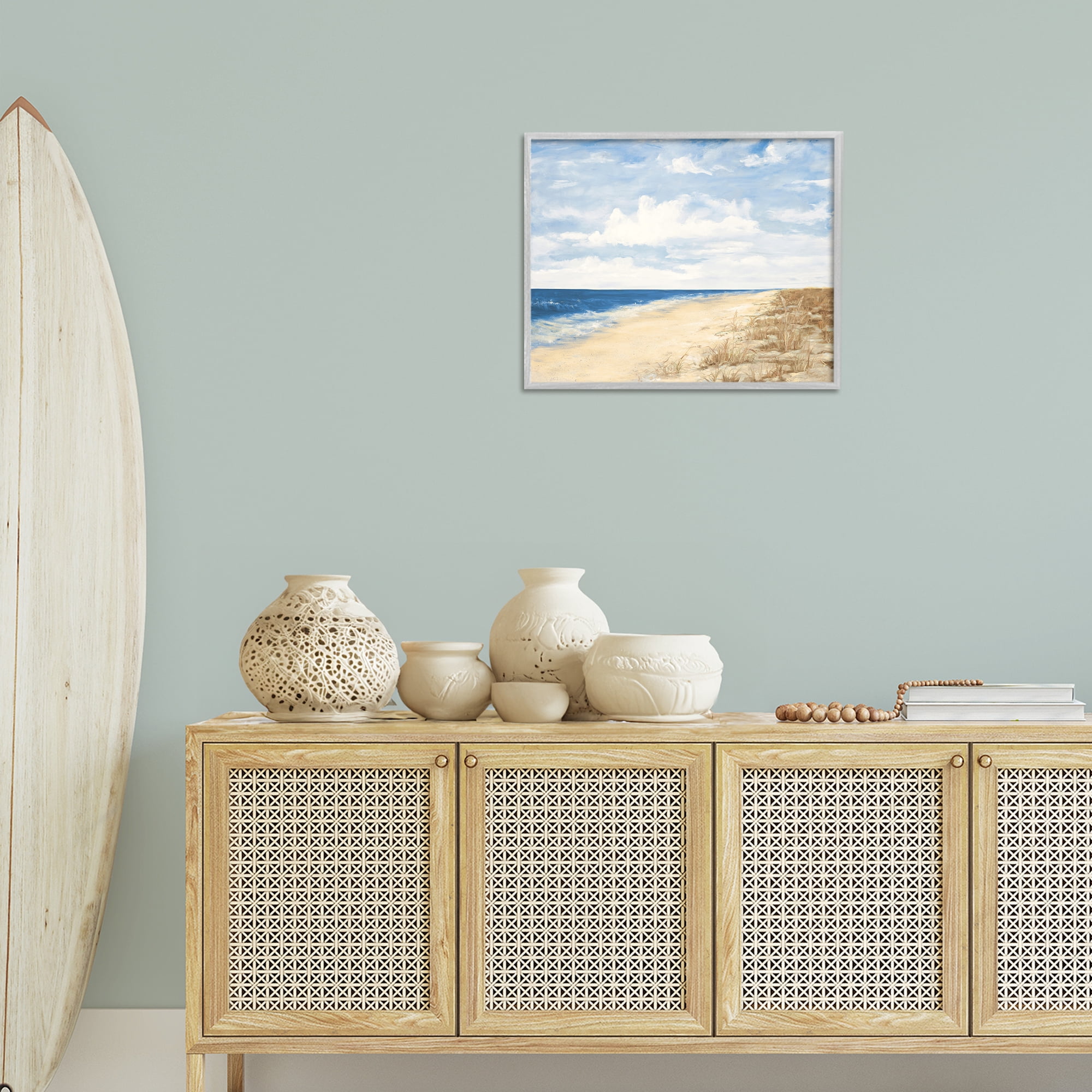 Stupell Industries Calm Beach Painting Coastal Painting Gray Framed Art Print Wall Art, 20 x 16