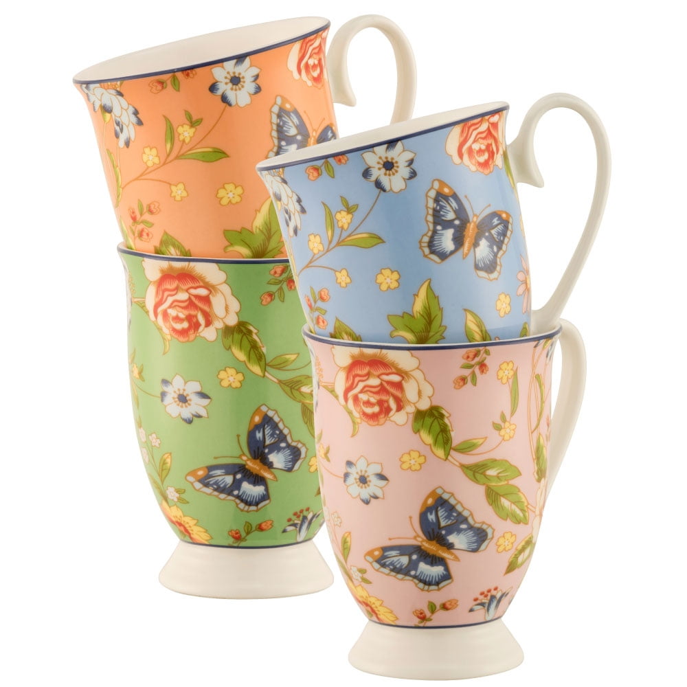 Cottage Garden Multicolor Ceramic Footed Mugs Set of 4