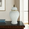thumbnail image 2 of Elegant Ceramic Jar for Living Room Decor - Modern Textured Finish Accents for Home Styling - Decorative Flower Vase for Room, Bedroom, House, Office, and Table Interior Display- 15", White & Gold, 2 of 12