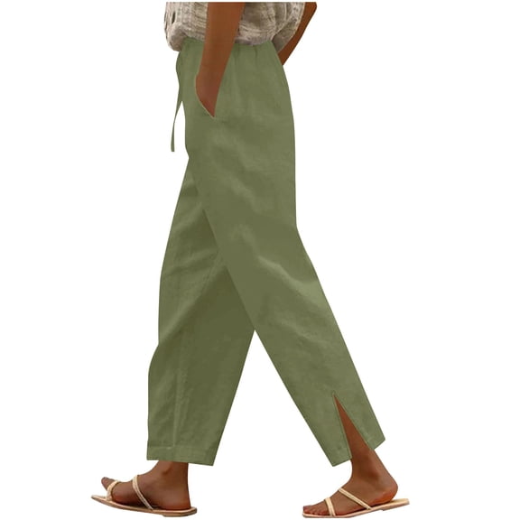 Brglopf Cotton Linen Pants for Women Plus Size Summer High Waist Drawstring Straight Leg Lounge Pant Casual Loose Side Split Beach Trousers with Pockets Grass Green XXXXL