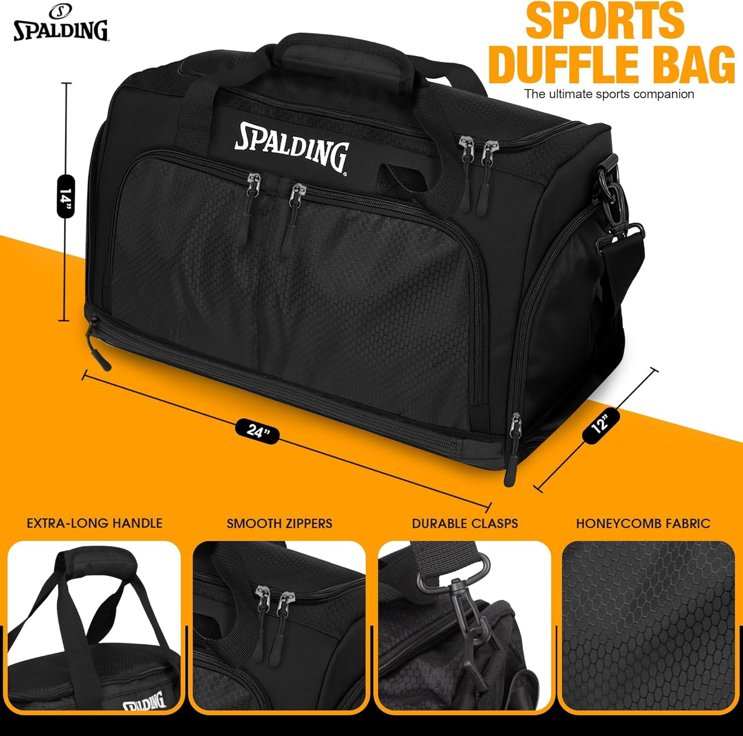Spalding 55L Gym Duffle Bag with Shoe & Wet Compartment – Waterproof Sports Travel Bag for Men & Women, Black, 24 x 12 x 14 in
