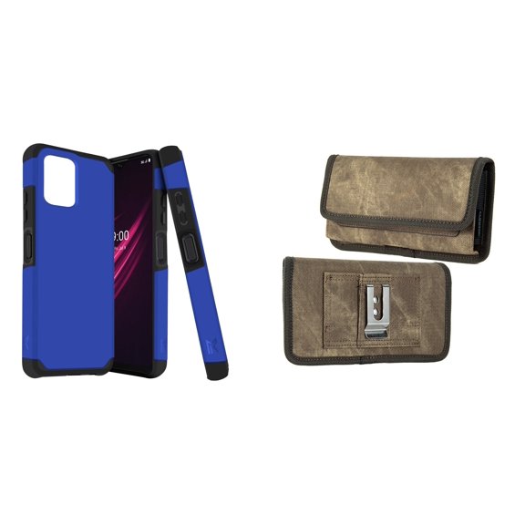 Case and Pouch Bundle for REVVL 6 5G: Dual Layer Slim Case (Classic Blue) and Rugged Denim Nylon Belt Holster (Tan Brown)